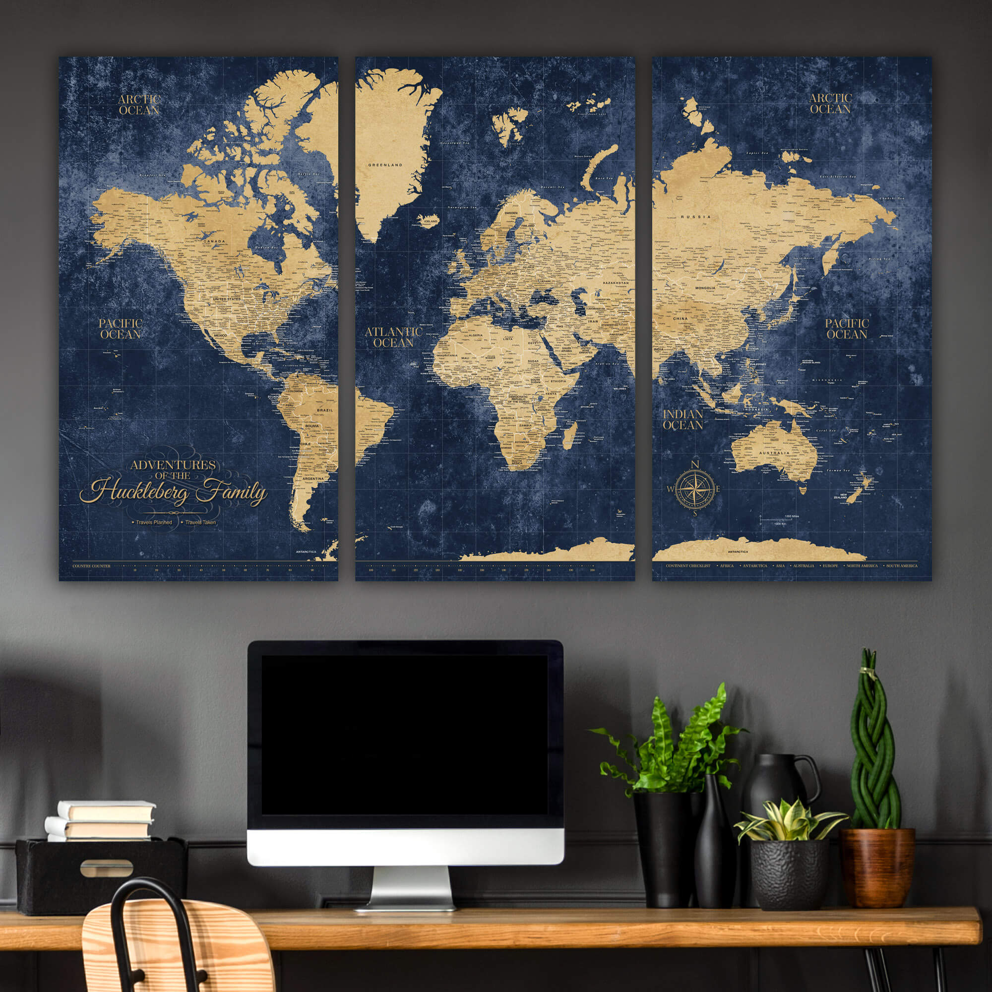 Gold and Navy Textured World Push Pin Map