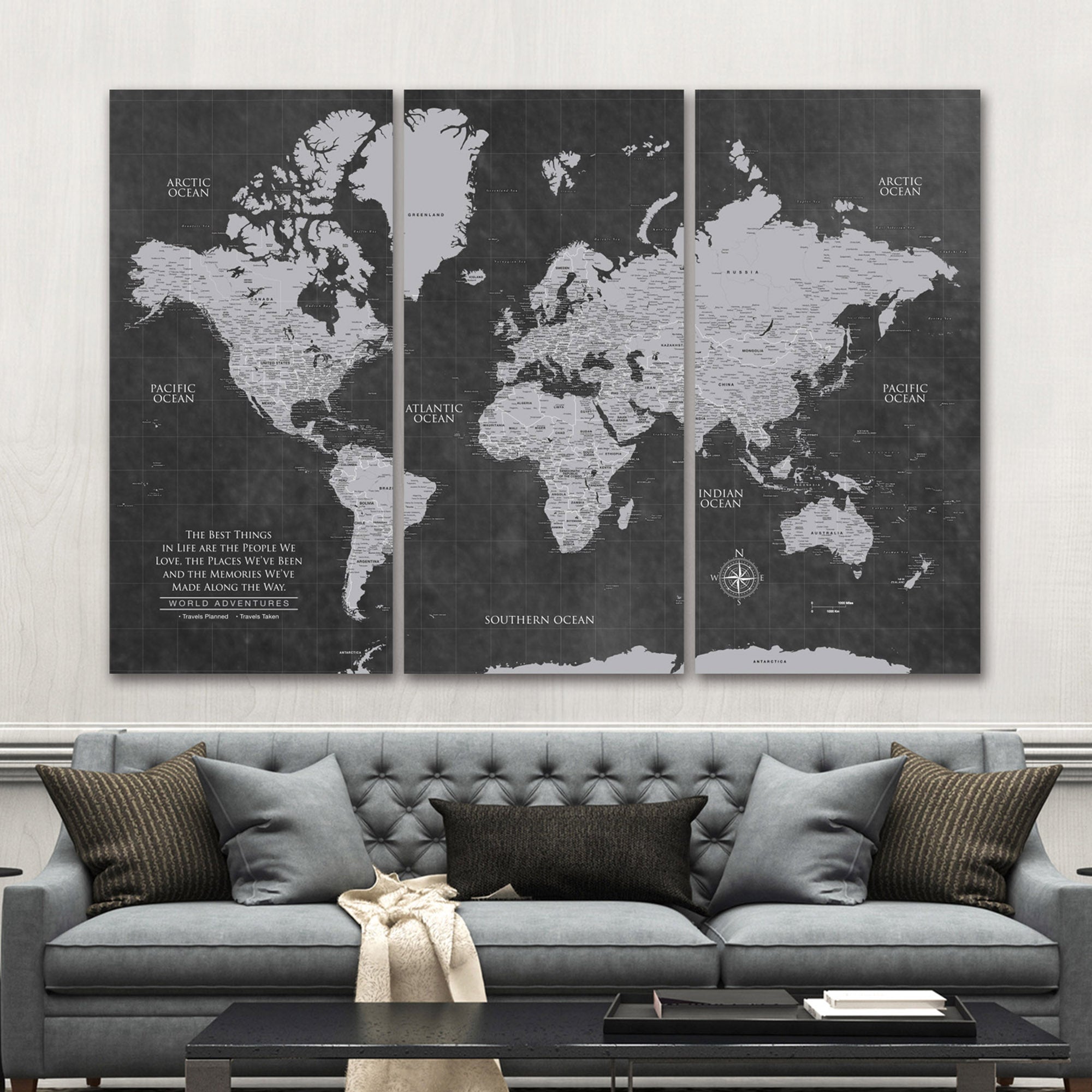 Large Gray World Map Canvas Push Pin World Map hot Wall Art Travel Map Print Canvas Personalized World Map 3 or 5 Piece Panels Canvas Home Decor