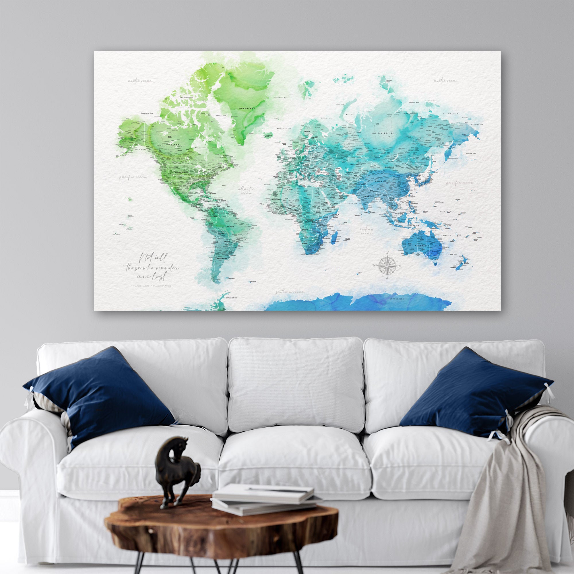 Large Push authentic Pin World Map Canvas Wall Art, Green Watercolor World Map Art Print, World Map Painting, World Map Artwork, Large Canvas Art