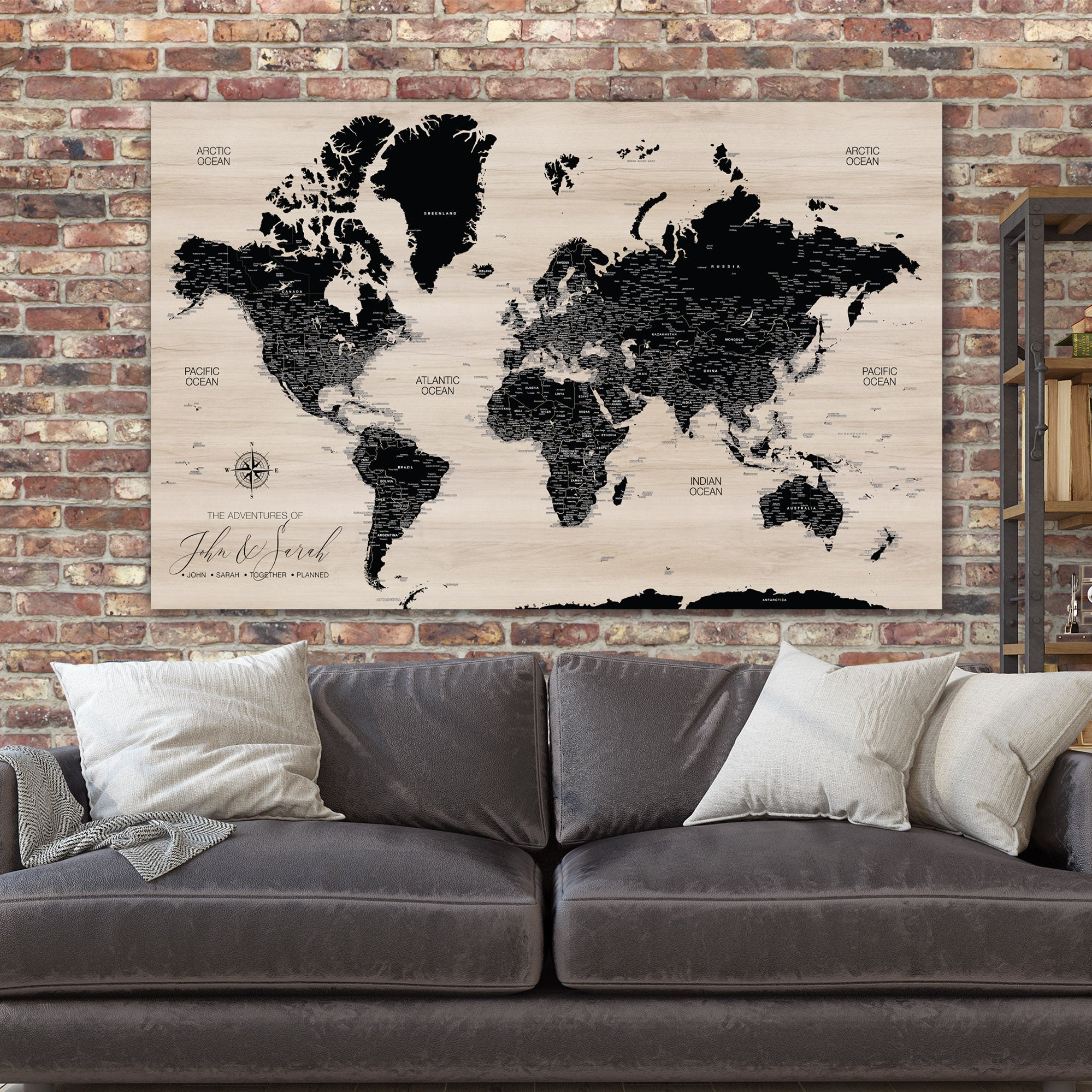 Contemporary Push Pin World Map Shown With Mahogany Frame on sale