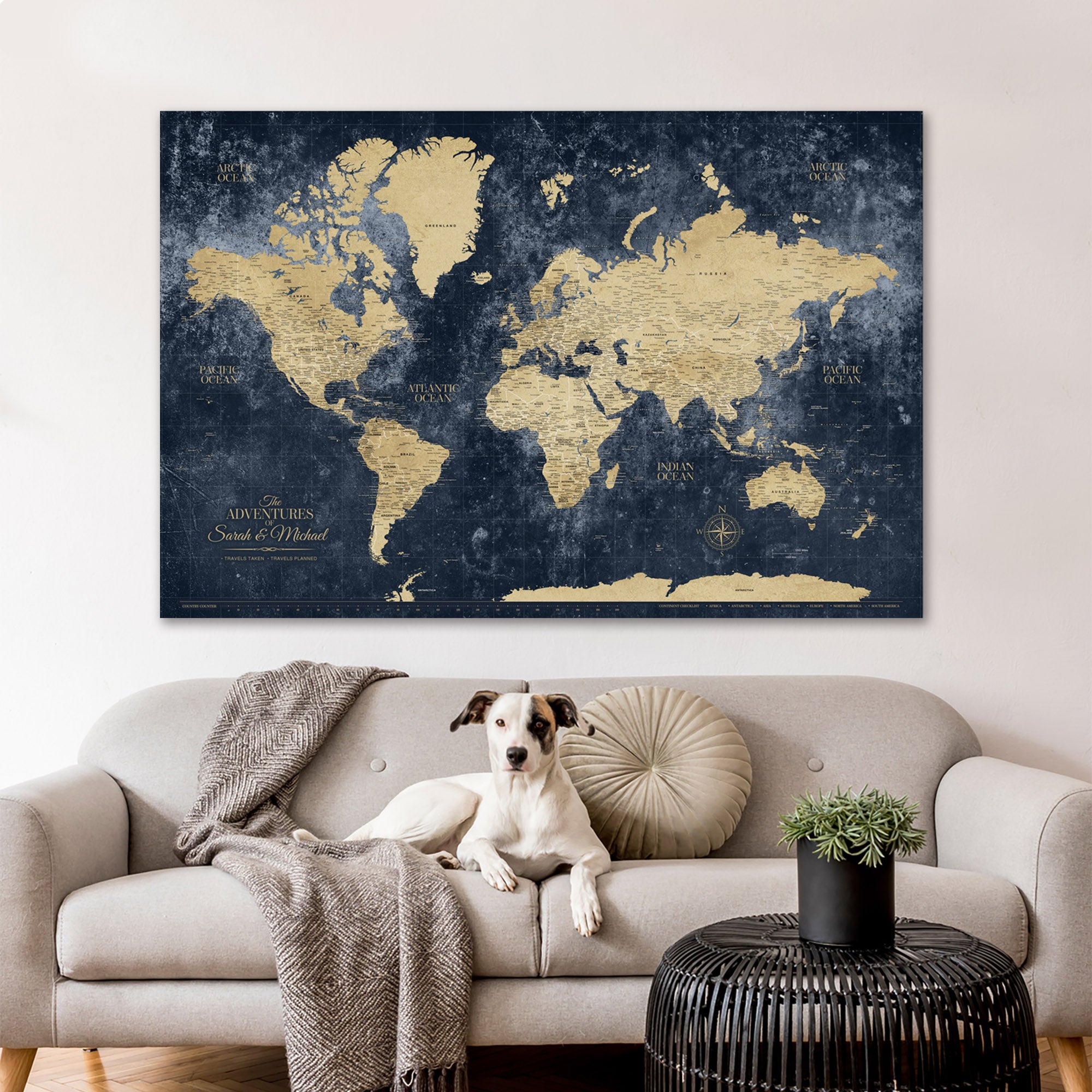 World Map Canvas, Push Pin Travel Map, Yellow and Blue Map Decor, Large World Map Wall Art, Home high quality Gift, Office Decor, Living Room Decor