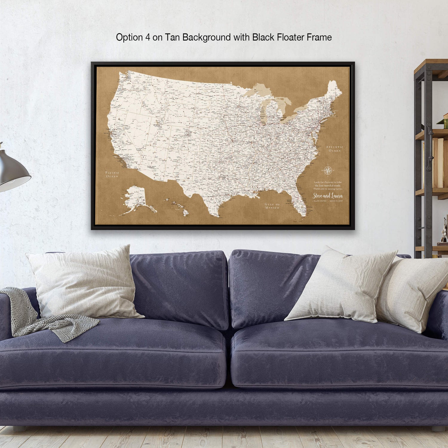 a map of the united states on a wall above a couch