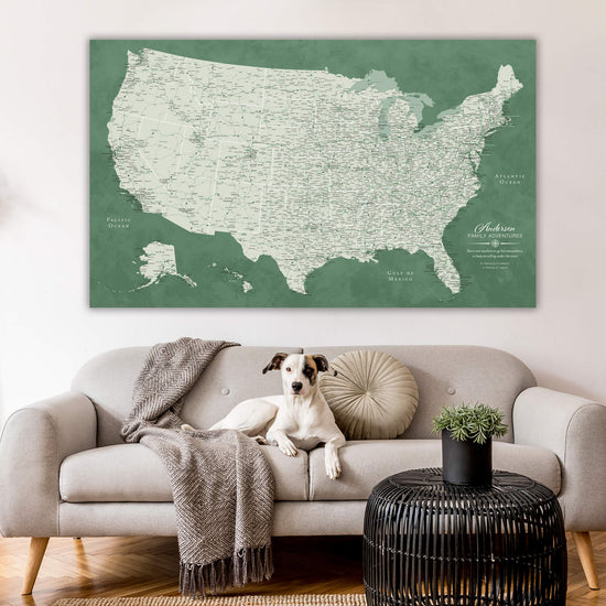 a dog sitting on a couch in front of a map of the united states