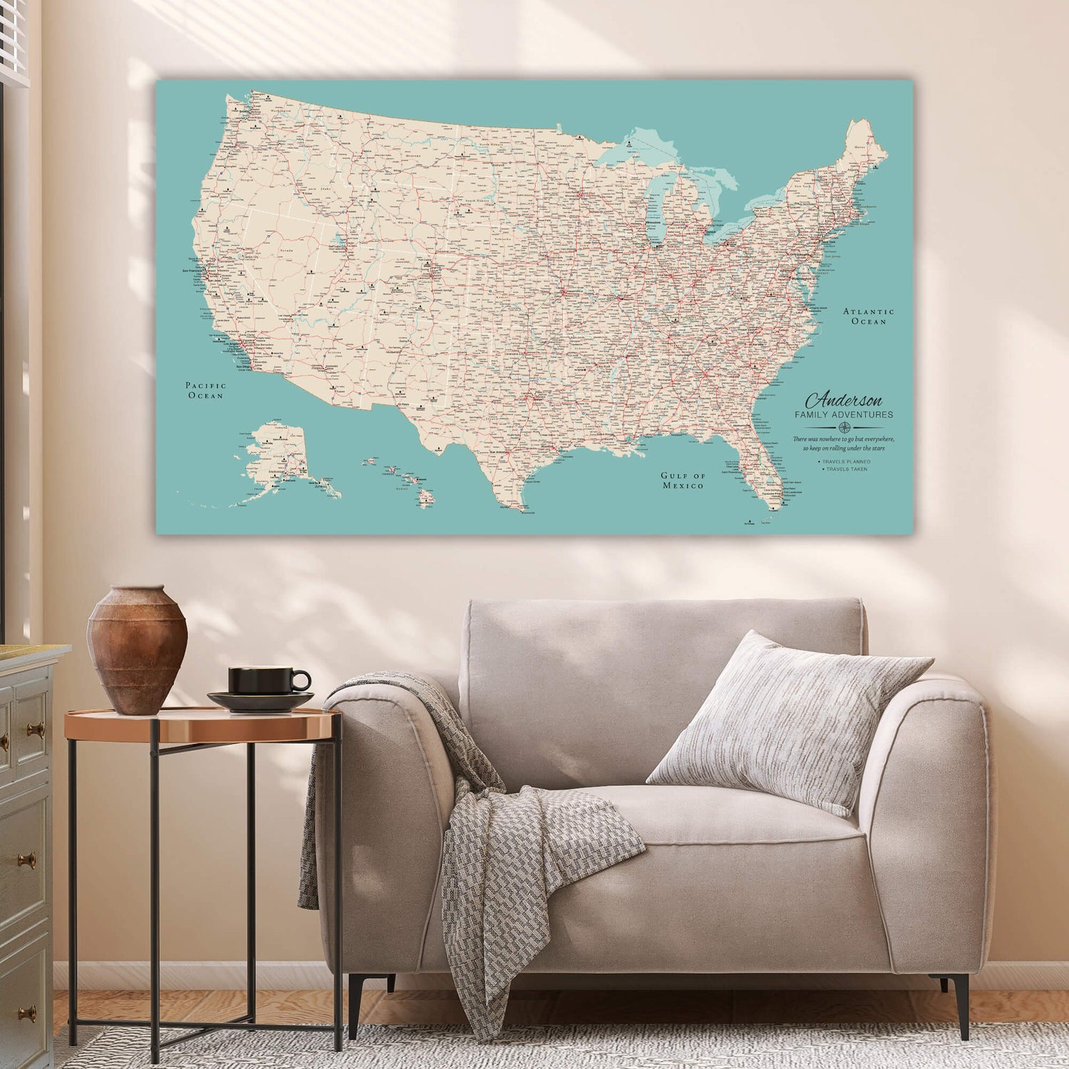 a map of the united states on a wall