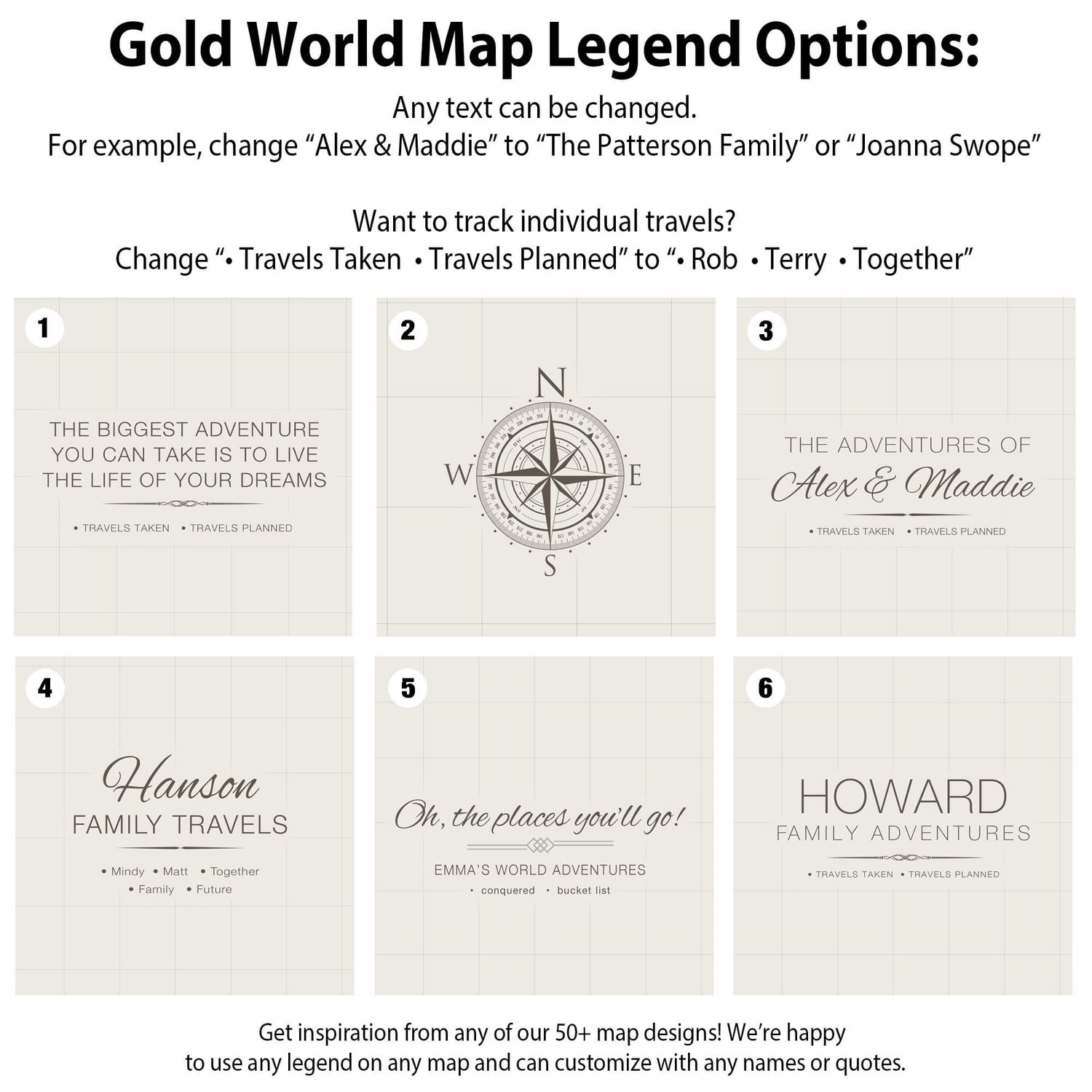 a flyer for a travel company with the words gold world map legend options