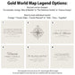 a flyer for a travel company with the words gold world map legend options