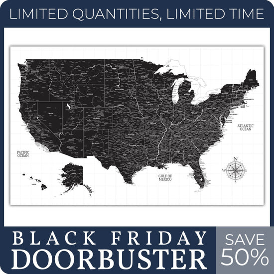 Black & White USA Push Pin Map - 48" x 30"