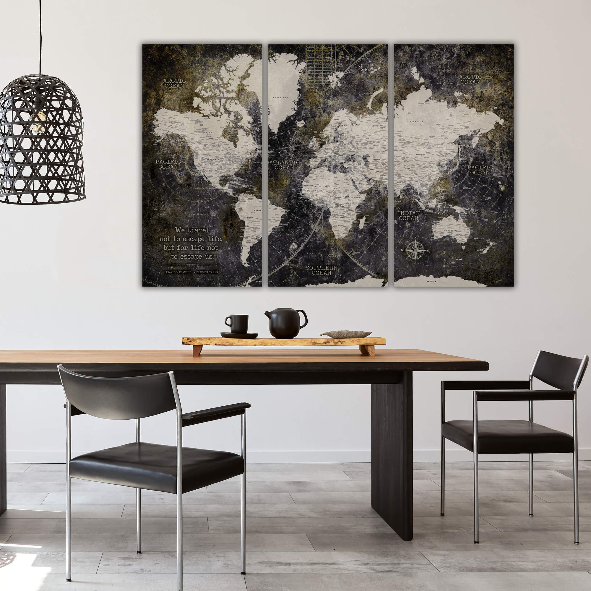 Industrial Push Pin World Map - 3 Panels Detailed | Holy Cow Canvas