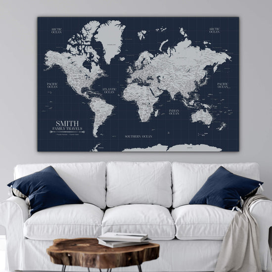 Navy Push Pin Travel Map of the World