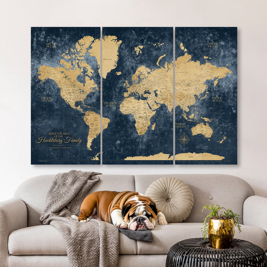 Gold & Navy Textured World Push Pin Map - 3 Panels