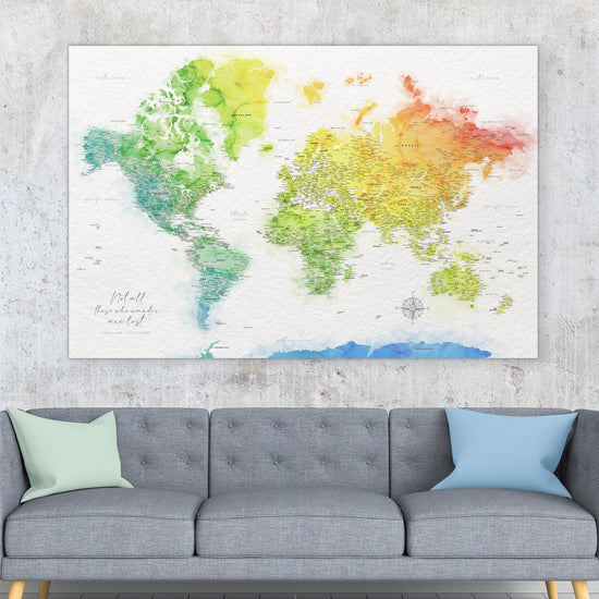 Rainbow Watercolor World Push Pin Map