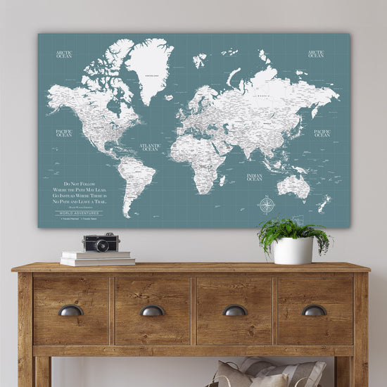 Teal Push Pin Travel Map of the World