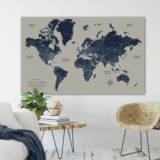 Greige & Navy Push Pin Travel Map of the World