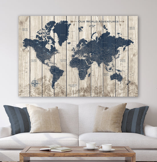 Large Rustic Wood Grain Push Pin World Map Canvas - 3 Panel