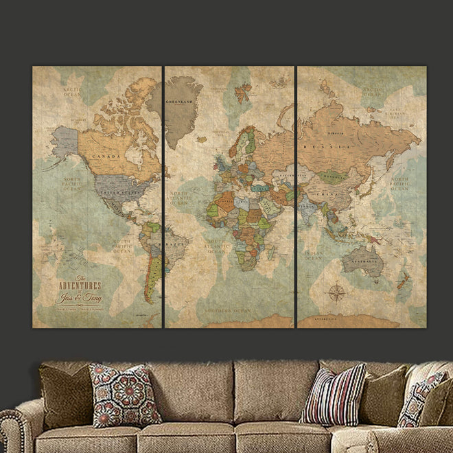 Push Pin World Travel Map - 3 Panel | Holy Cow Canvas