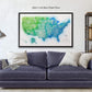 Blue & Green Watercolor USA Push Pin Map