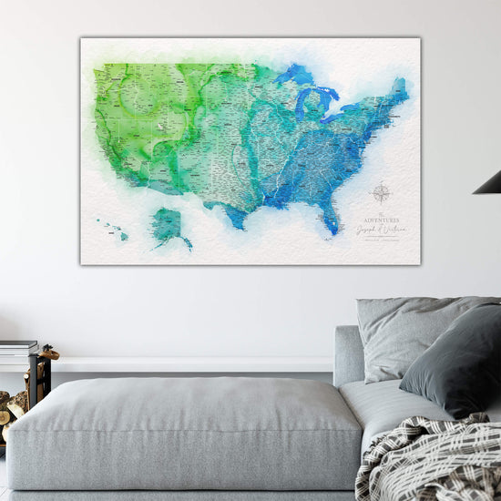 Blue & Green Watercolor USA Push Pin Map