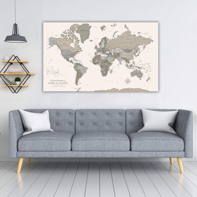 a living room with a couch and a large map on the wall