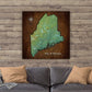 Maine Push Pin Map, Terrain Landscape, dark brown background