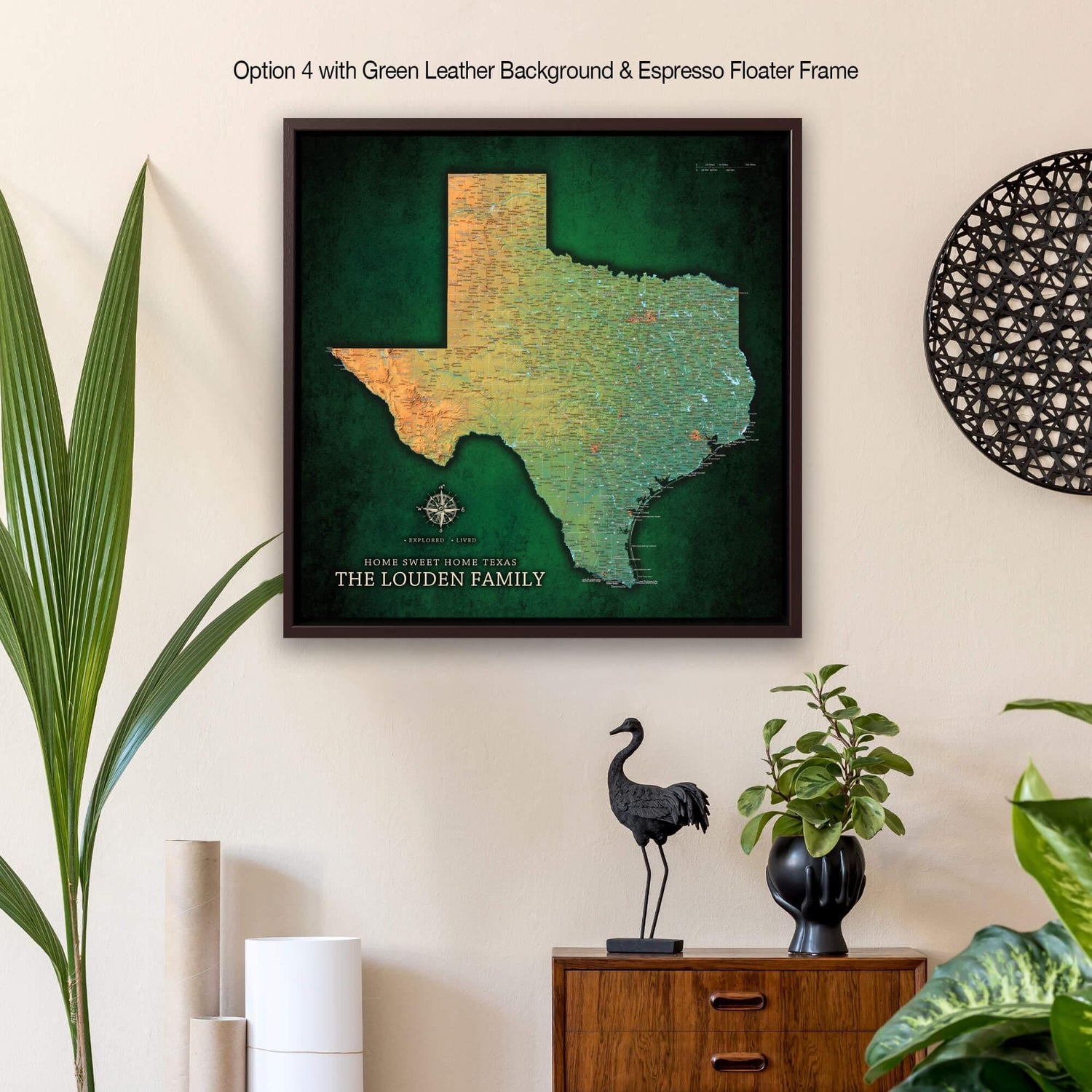 a picture of a living room with a green and yellow texas map