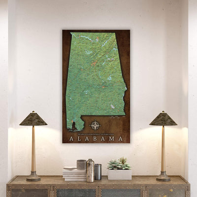 a map of the state of alabama on a wall