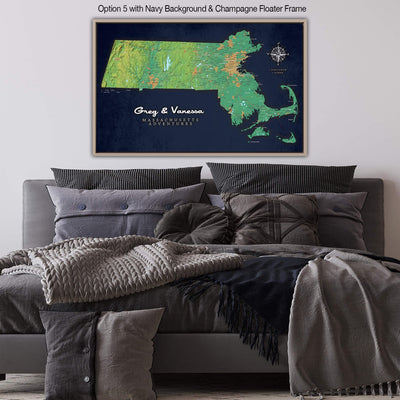 a bedroom with a large bed and a poster on the wall Massachusetts Push Pin Map