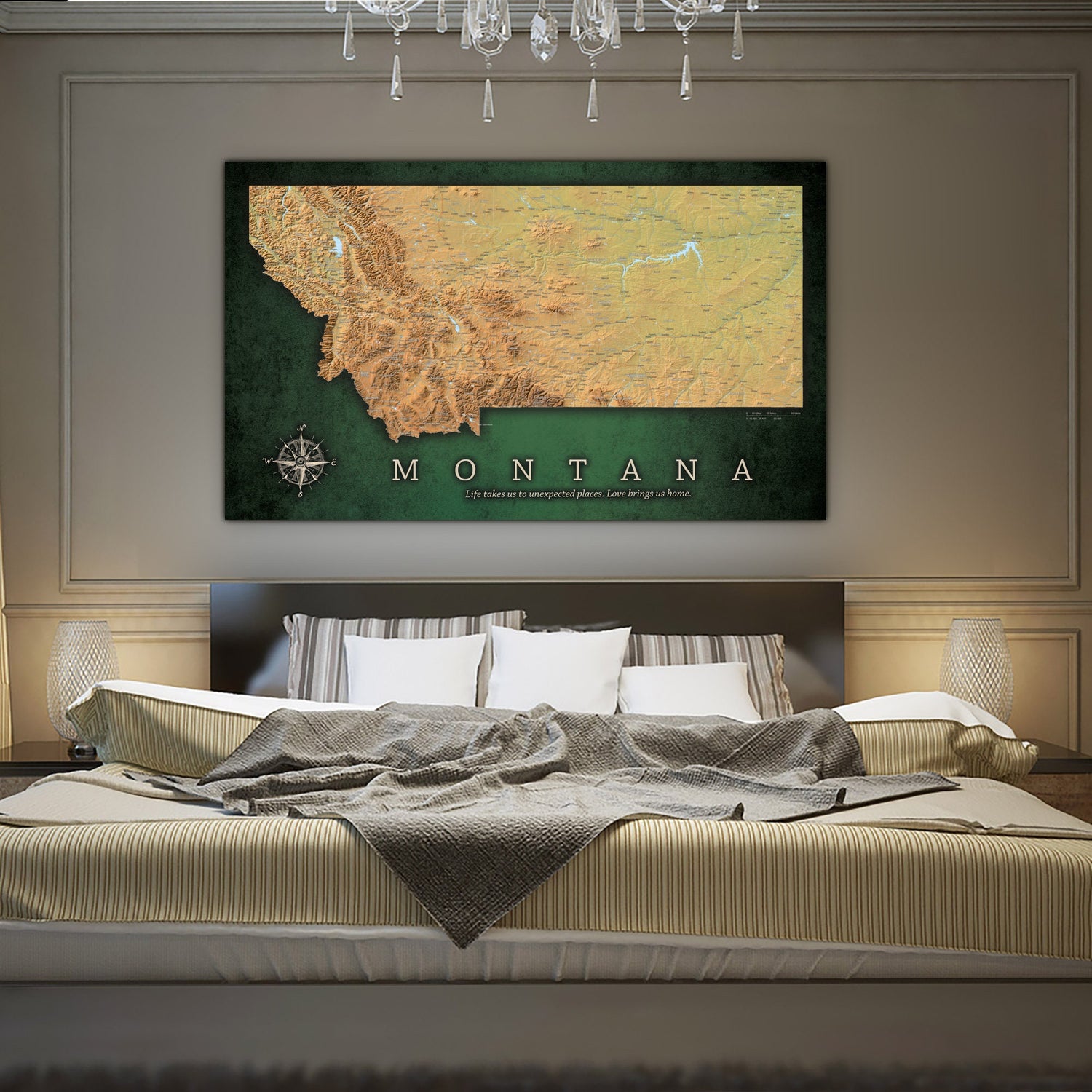 a picture of the state of montana on a wall above a bed