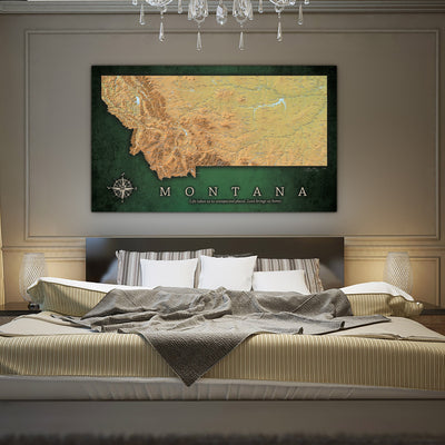 a picture of the state of montana on a wall above a bed