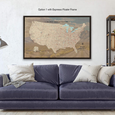 a couch in a living room with a map on the wall