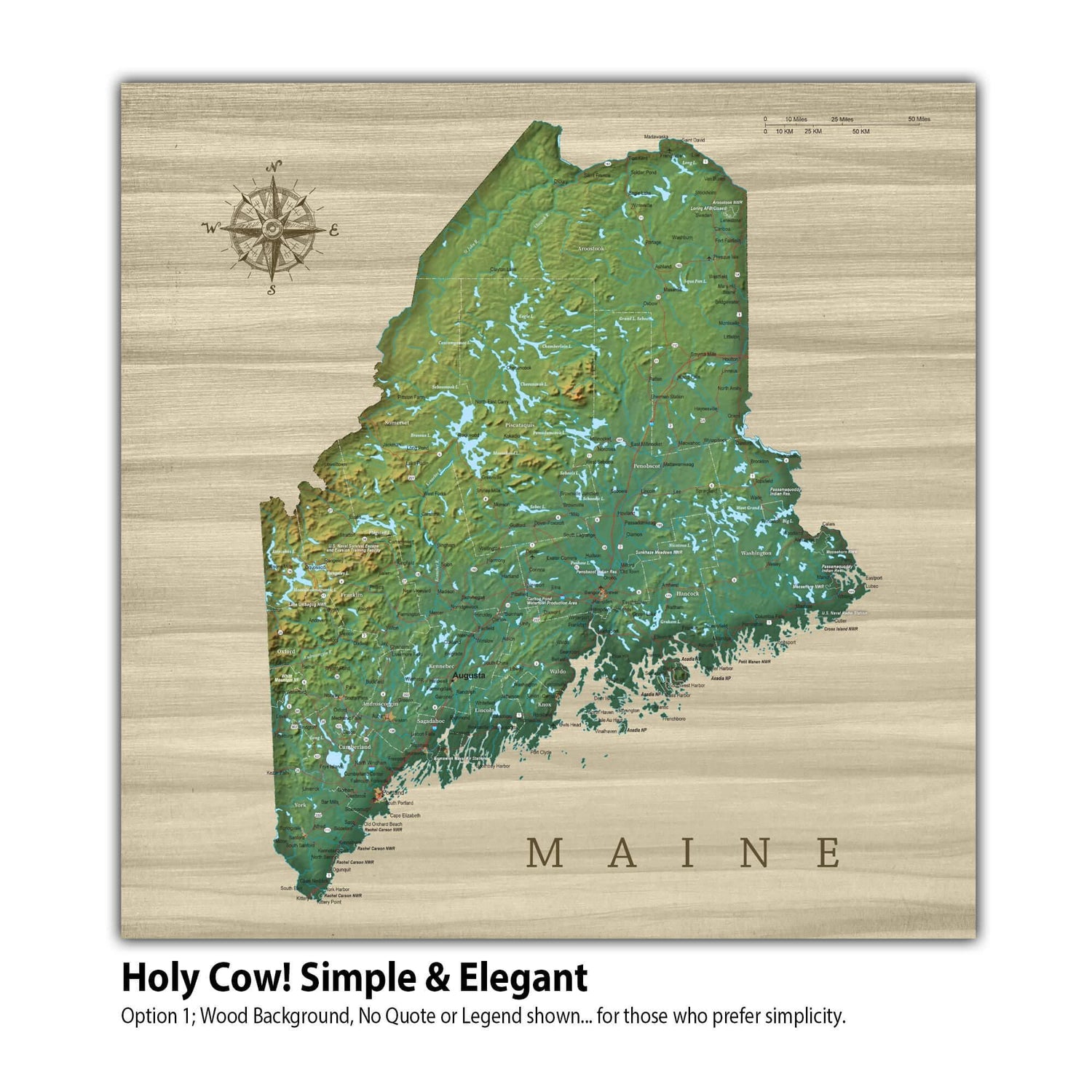 a wooden map of maine with a compass