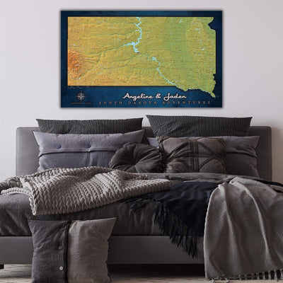 a large map of the state of minnesota on a wall above a bed