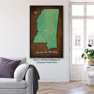 a living room with a couch and a painting on the wall MIssissippi Push Pin Map