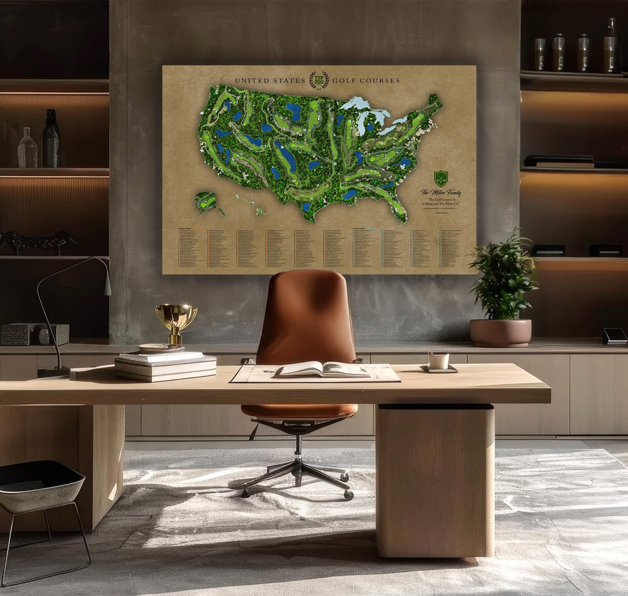 Office with a map of United States golf courses displayed on the wall behind a desk.