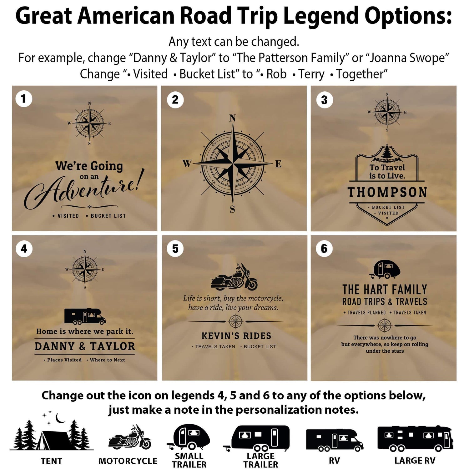 a map of the great american road trip legend options