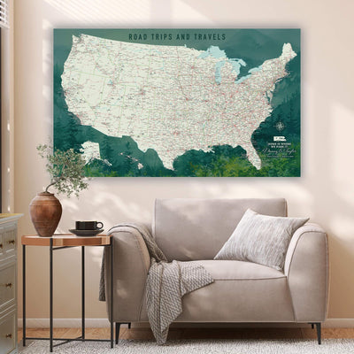 a living room with a couch and a map on the wall