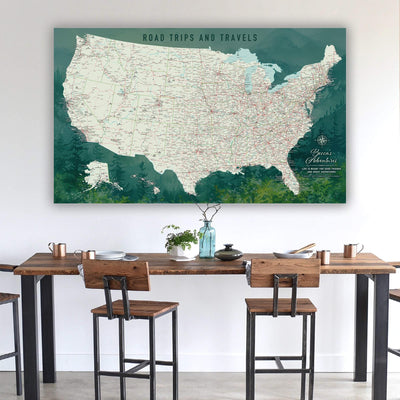 a map of the united states hanging on a wall