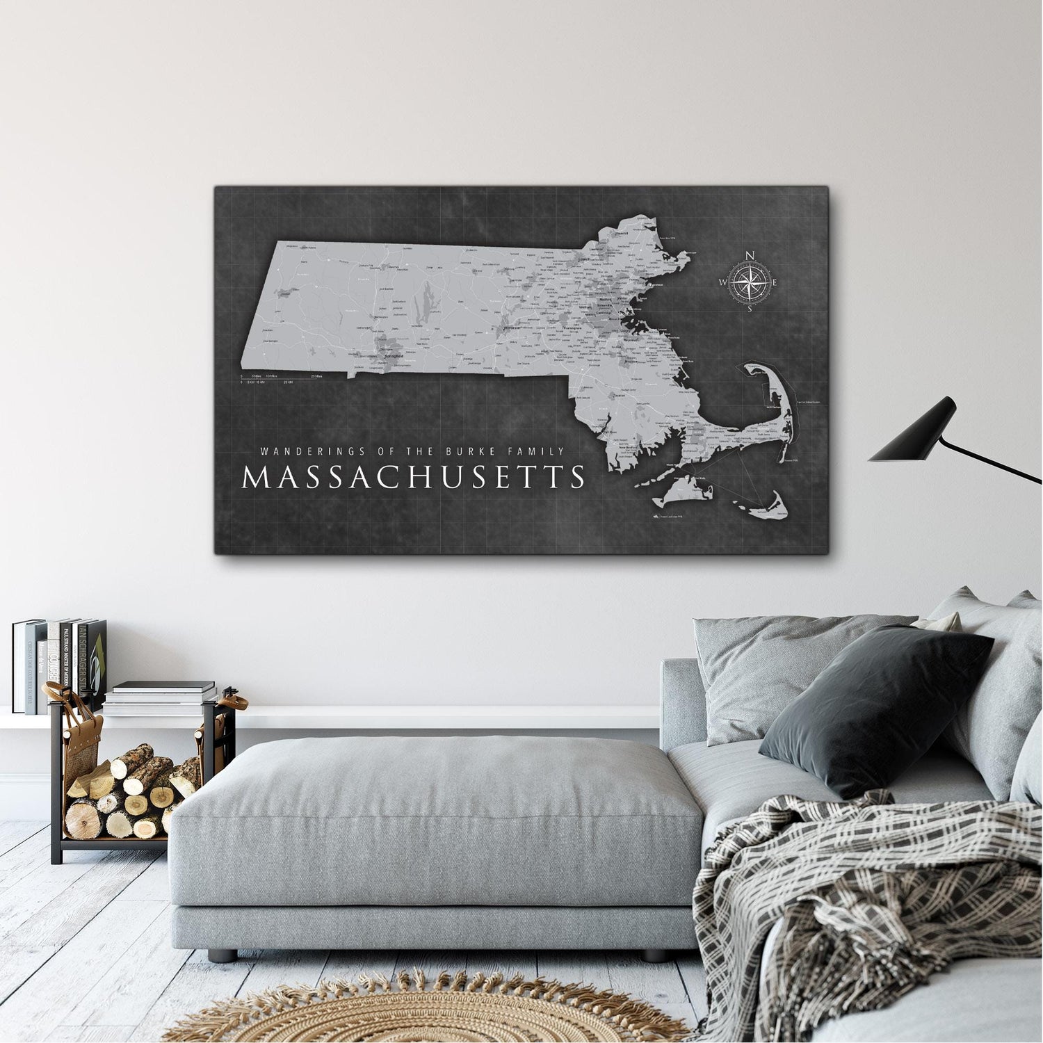 a black and white map of massachusetts on a wall