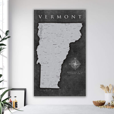 a black and white map of vermont on a wall