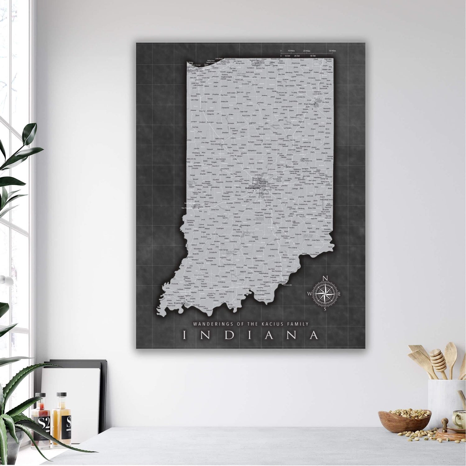 a black and white map of indiana on a wall