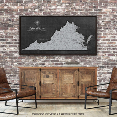 a brick wall with two chairs and a blackboard with a map on it