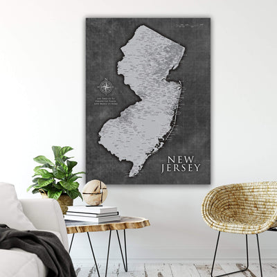 a black and white map of new jersey on a wall