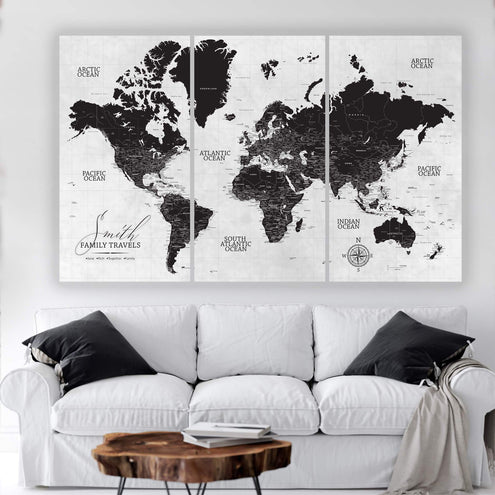 Black & White Push Pin World Travel Map - 3 Panel | Holy Cow Canvas