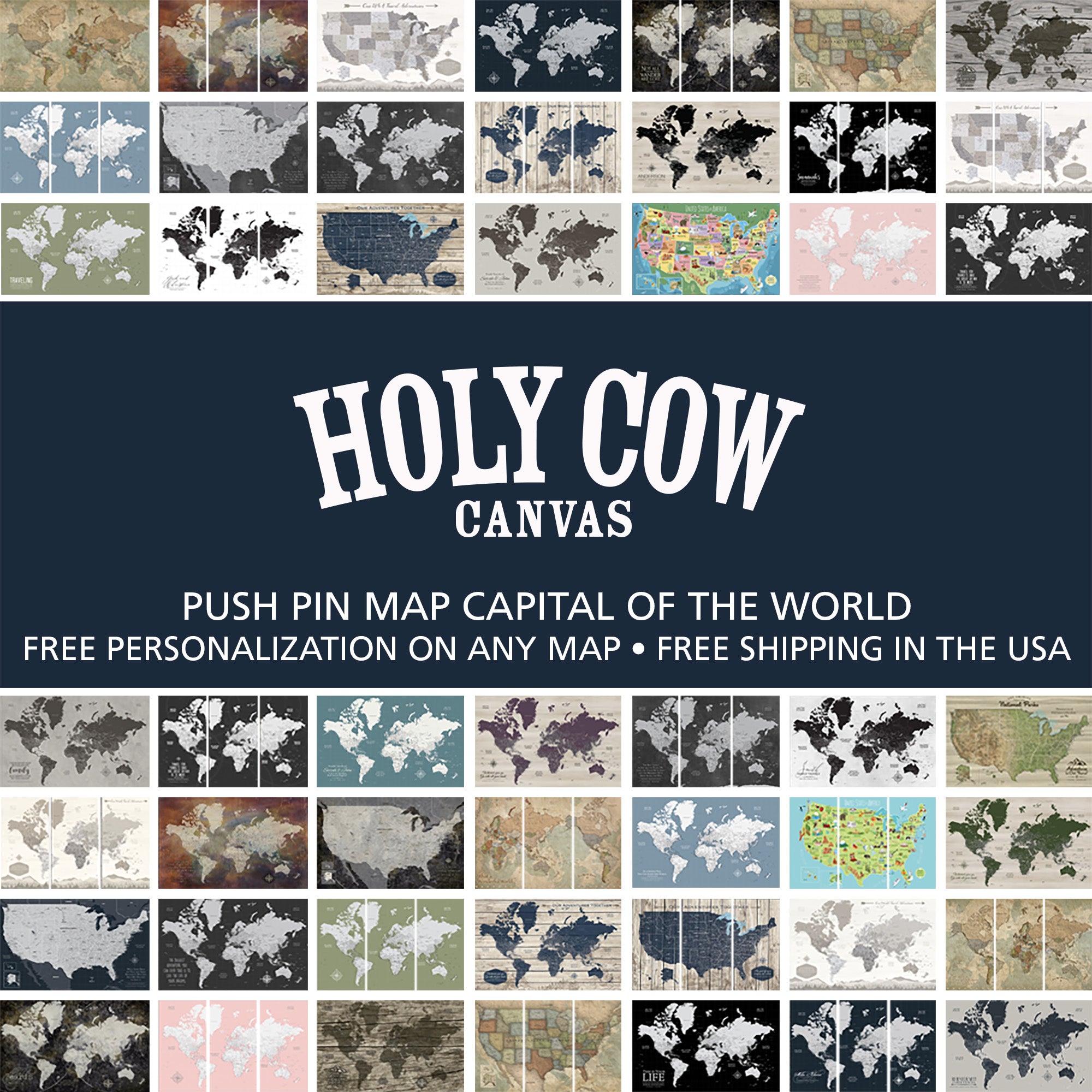  Holy Cow Canvas Personalized Push Pin Map of the World