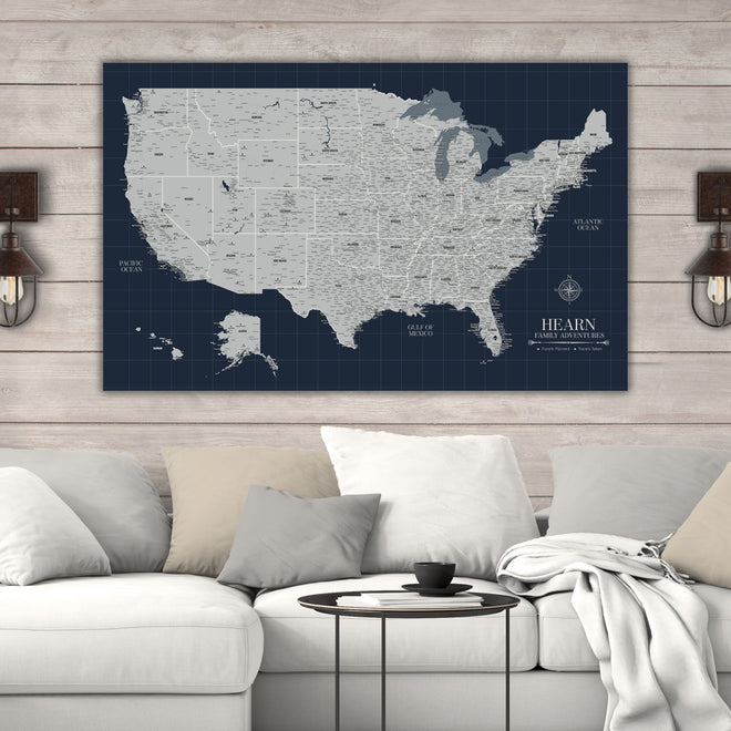 Navy Push Pin Travel Map of the USA | Holy Cow Canvas