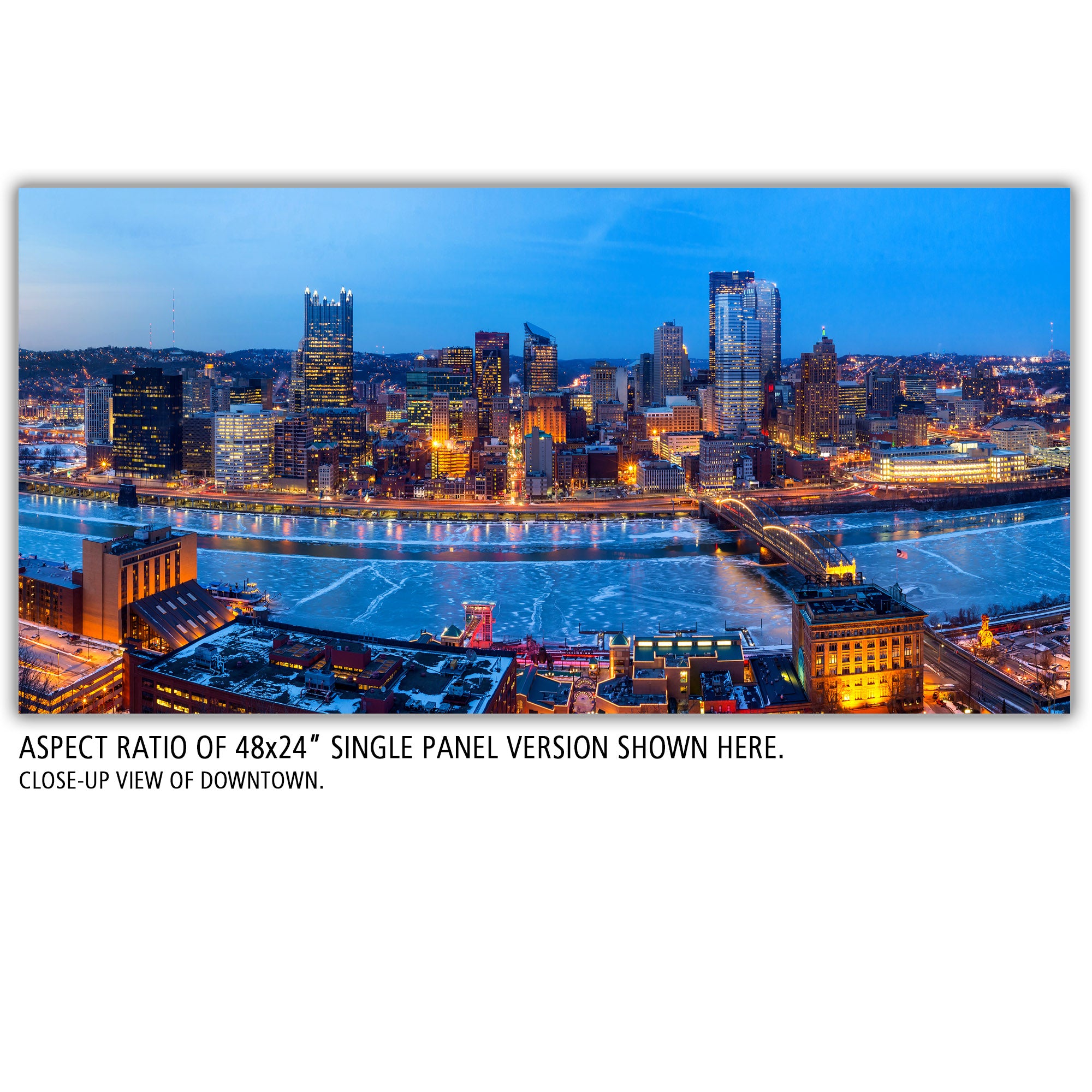 Pittsburgh, Pennsylvania store Skyline, Monongahela River, Panoramic Canvas Print 4 Panel Split. Cityscape print for wall decor & interior design